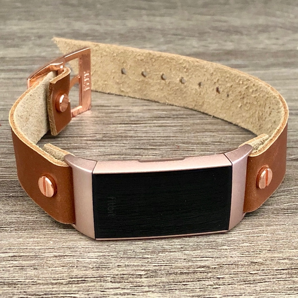 Light Brown Leather Band Rose Gold Fitbit Charge 3